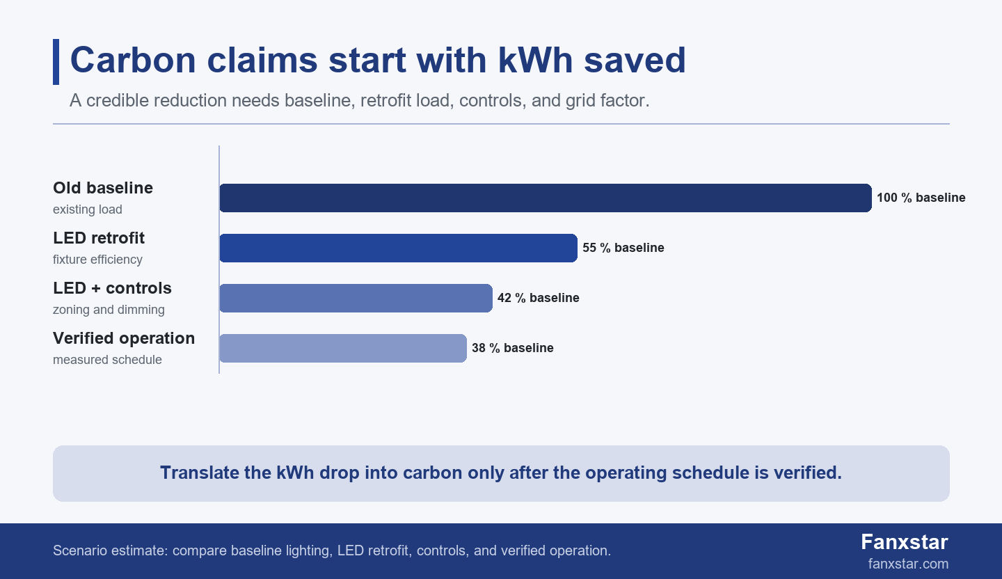 LED lighting carbon footprint reduction ranked bars by retrofit decision layer