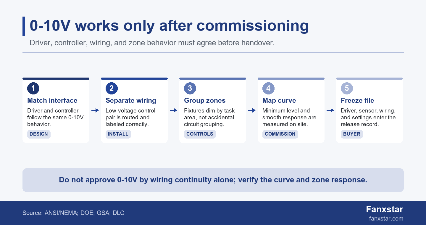0-10V dimming commissioning flow for LED driver control wiring zones and dimming curve checks