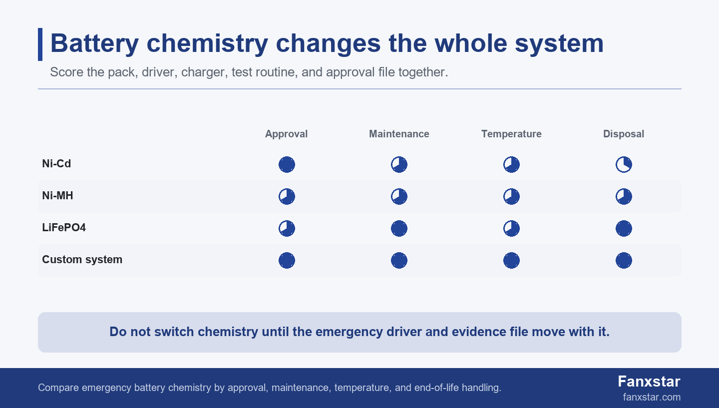 Emergency battery chemistry score matrix for Ni-Cd Ni-MH and LiFePO4 LED emergency lights