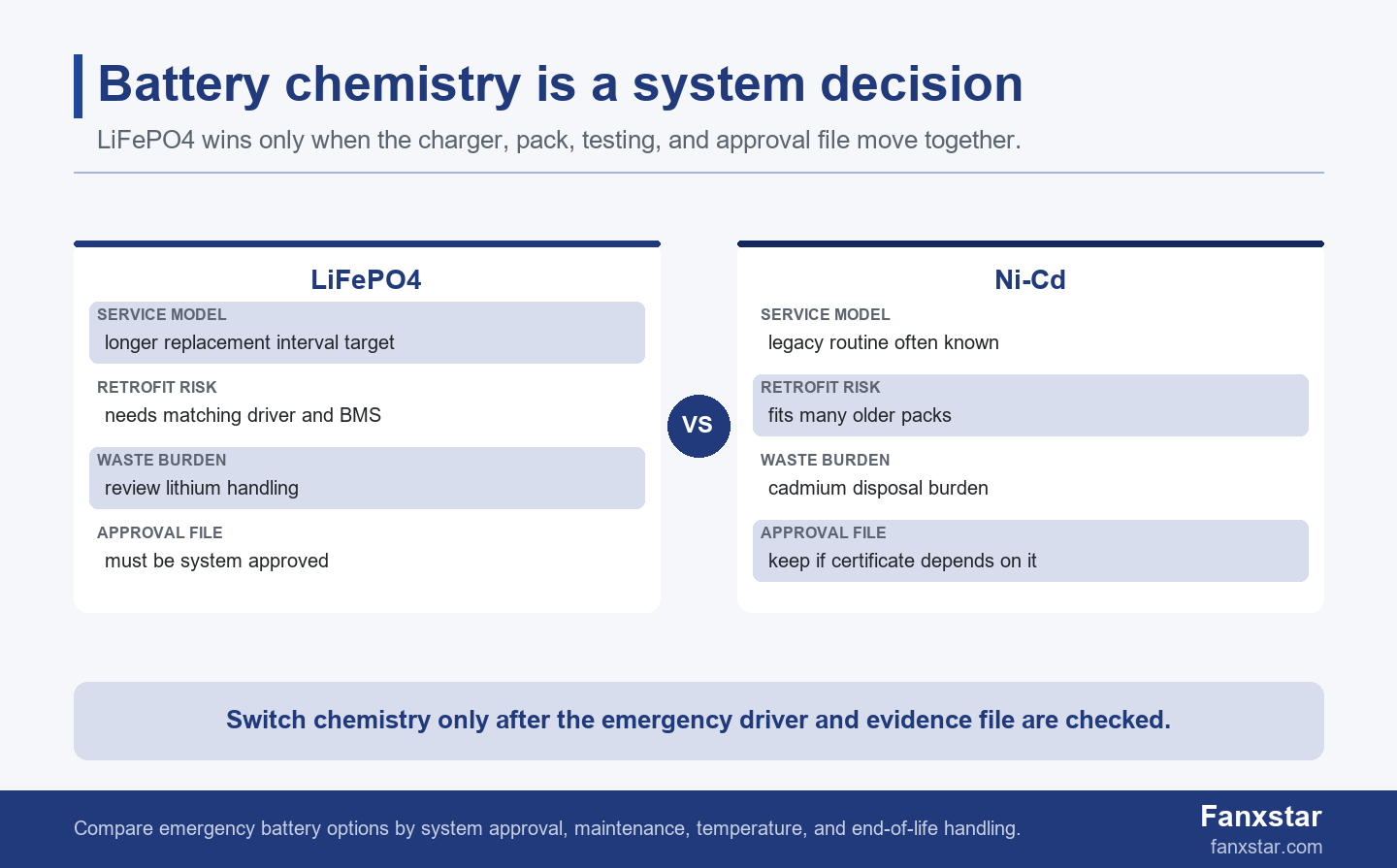 LiFePO4 versus Ni-Cd emergency lighting battery decision comparison