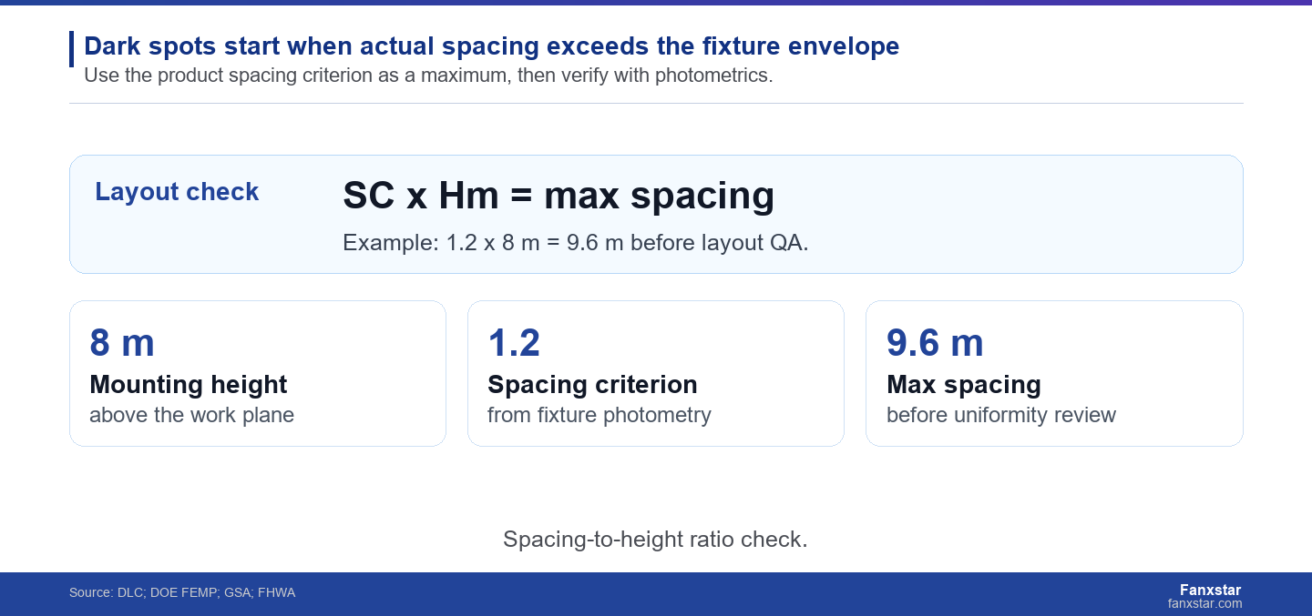 Spacing-to-height ratio calculation for preventing dark spots in LED lighting layouts
