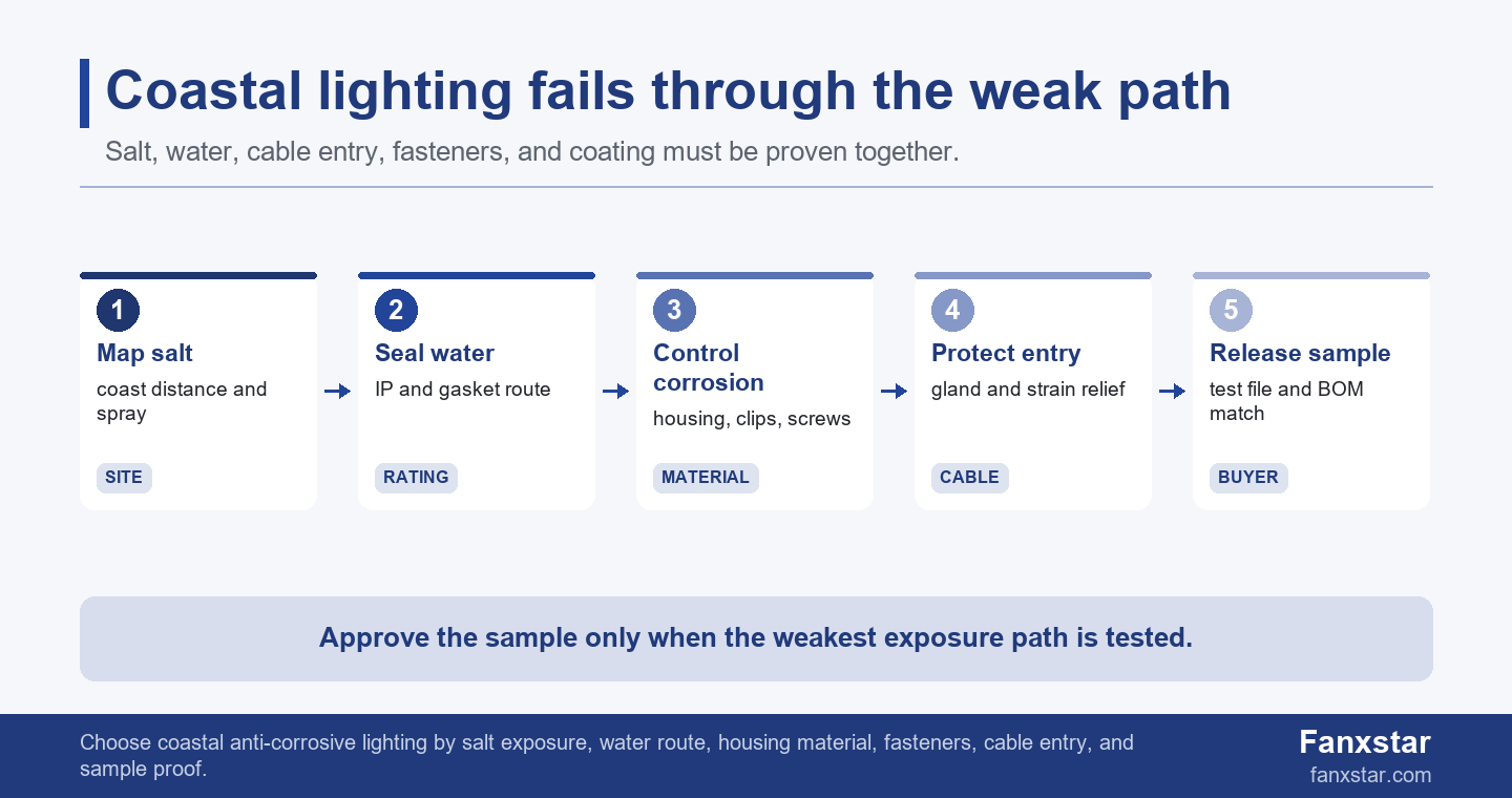 Anti-corrosive coastal lighting risk ladder for LED fixture selection
