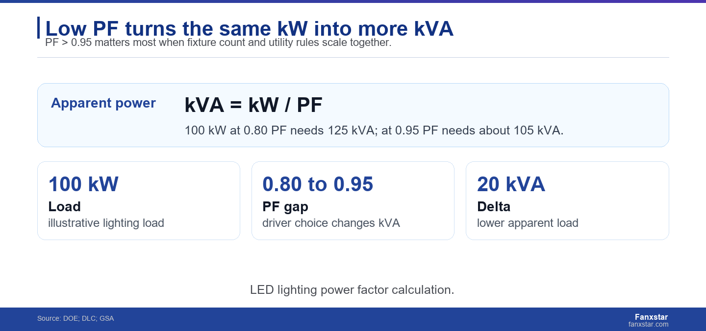 LED lighting power factor calculation showing kW, PF, and kVA impact