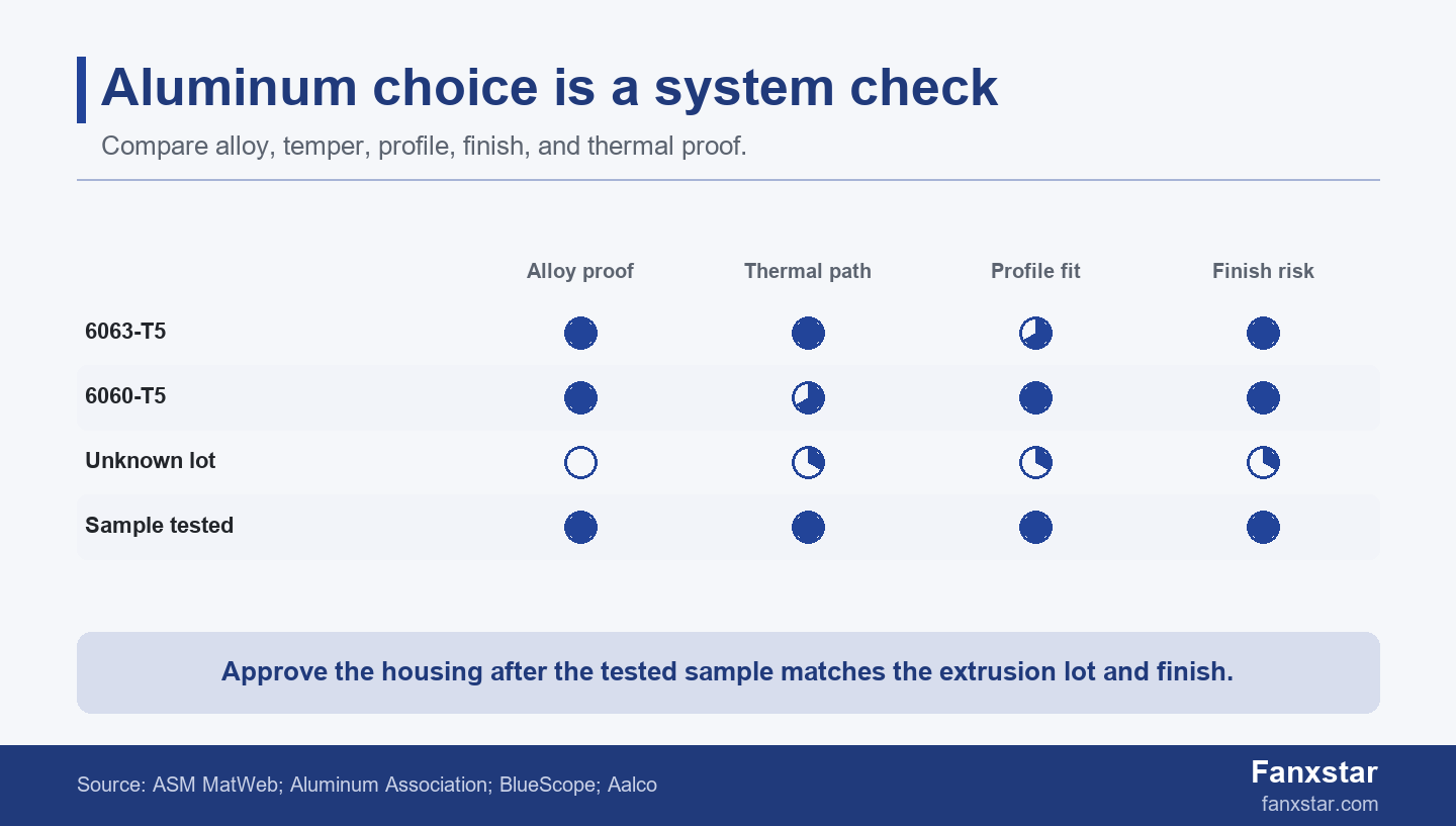 6063-T5 versus 6060 aluminum LED lighting housing buyer score matrix
