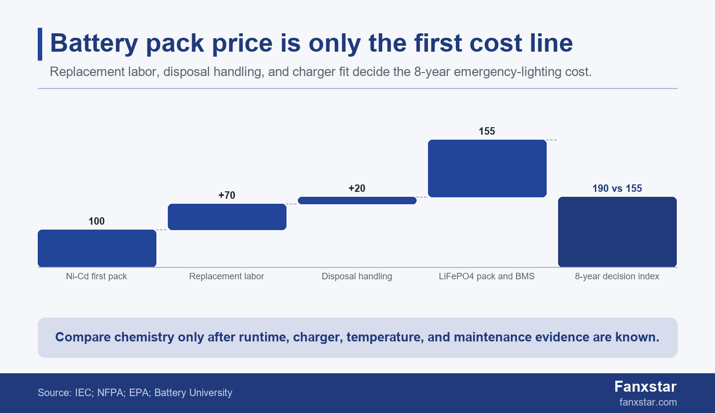 Emergency battery pack TCO comparison for Ni-Cd and LiFePO4