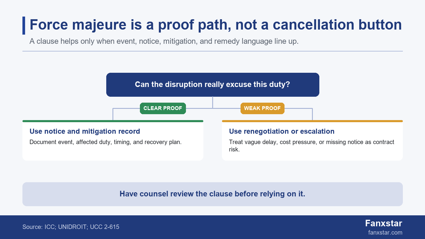 Force majeure decision branch for B2B supply contract protection