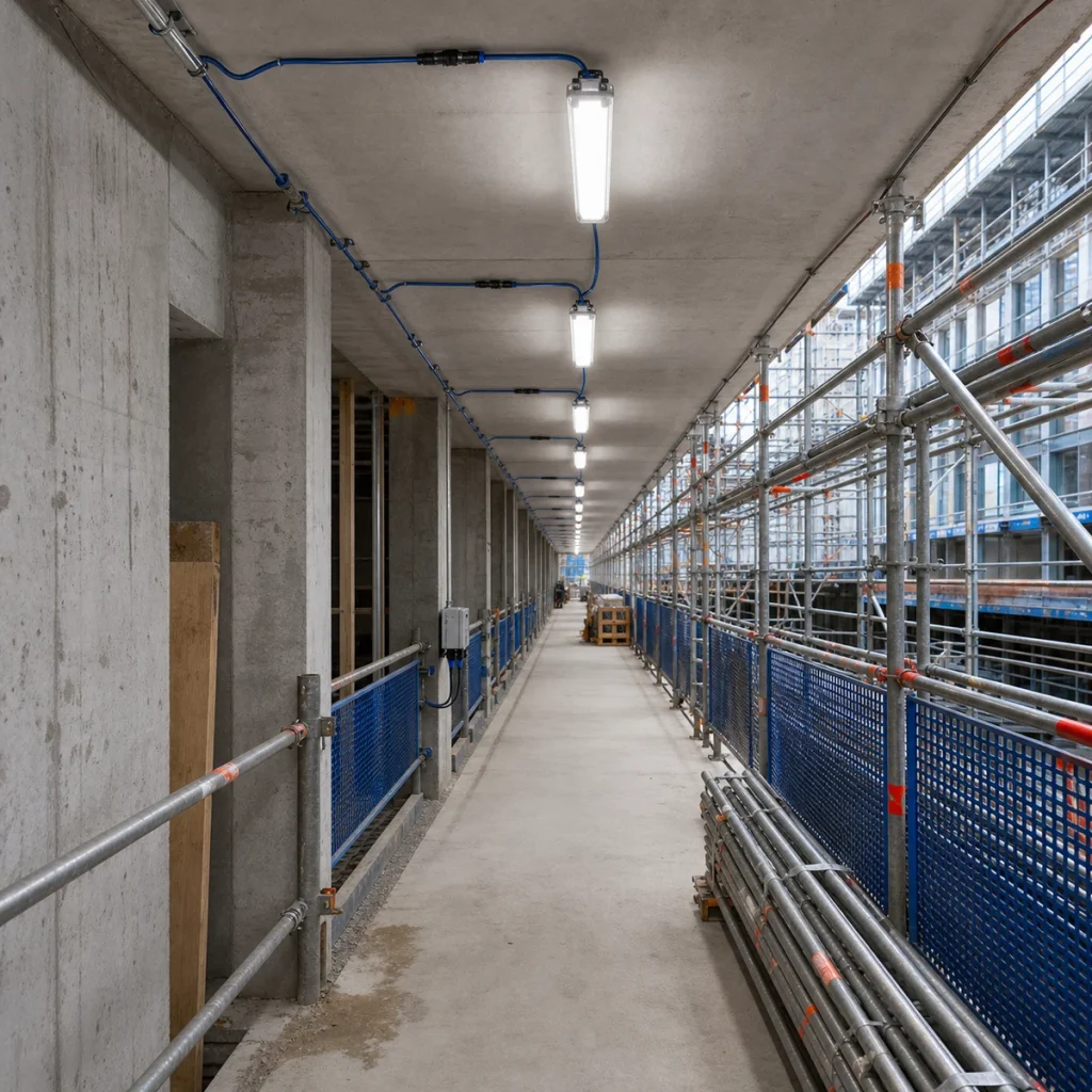 Temporary low-voltage LED lighting installed in a construction site corridor
