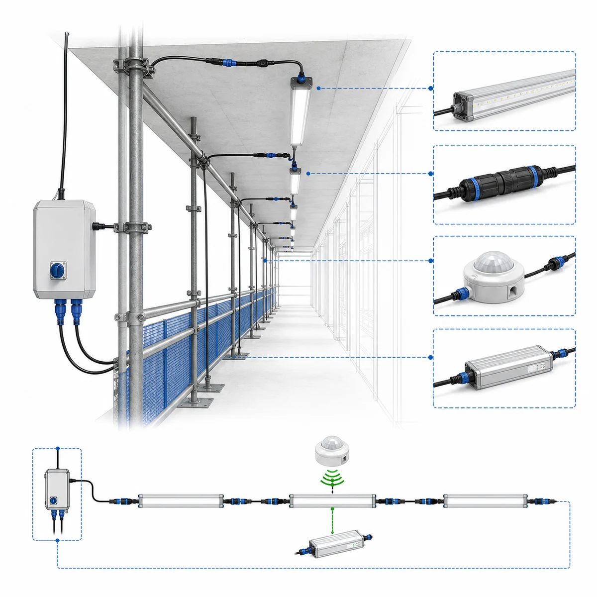 Low-voltage linkable temporary lighting system diagram